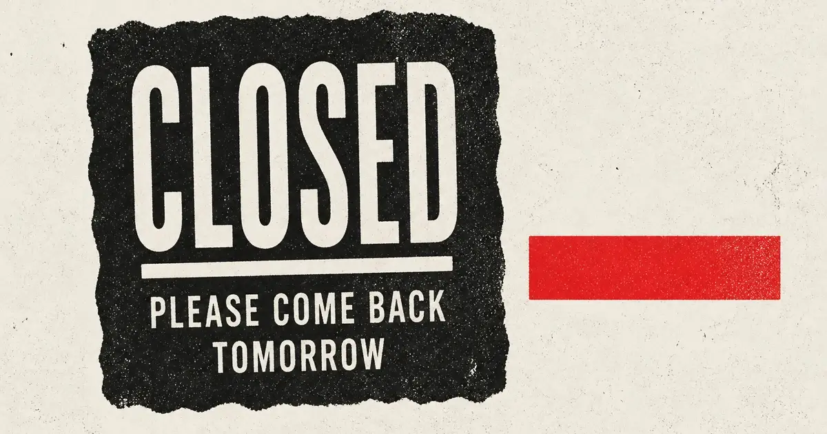 Closed shop door as a fat black stamp, red bar unused