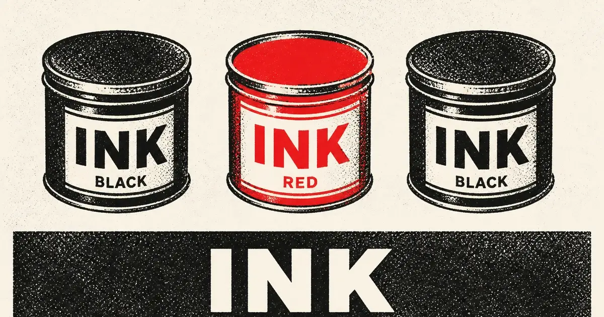 Three ink cans as black stamps, one can filled hard red