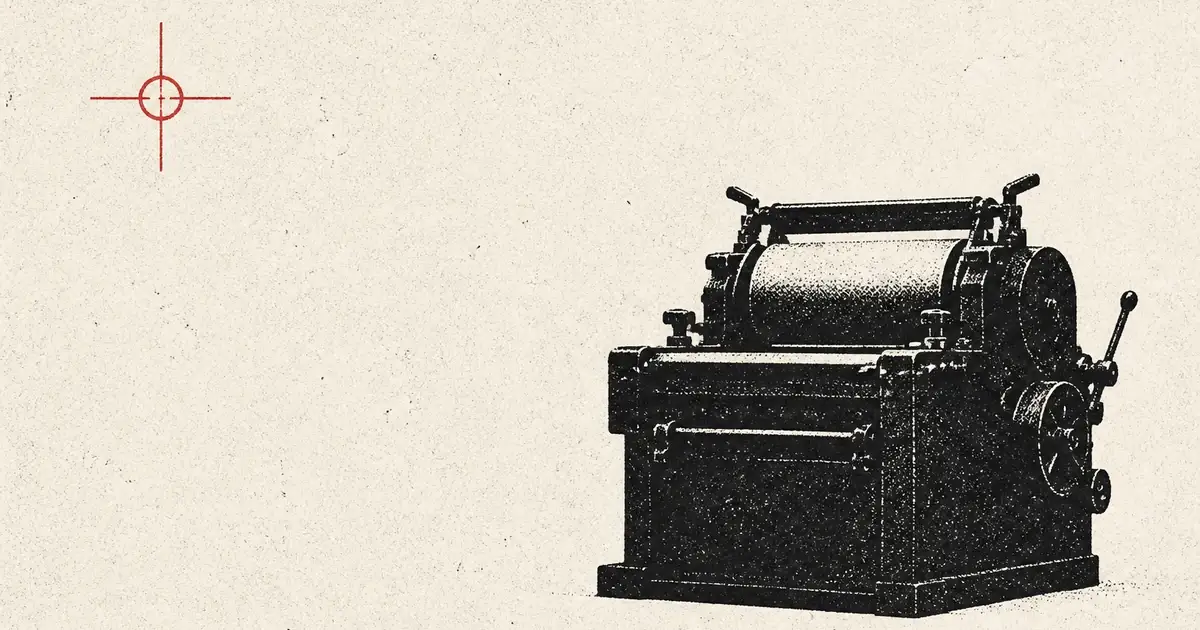 Cylinder press silhouette stamped in black on speckled paper