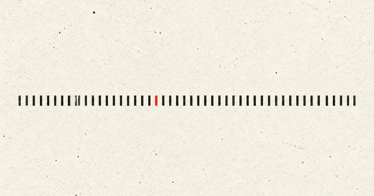 Fifty-six black ticks as a string on speckled paper