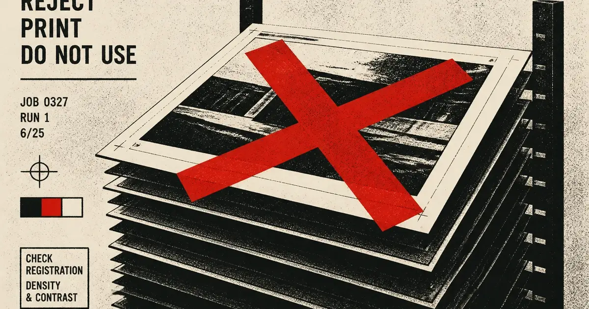Spoiled sheets stacked as black plates, one red reject X