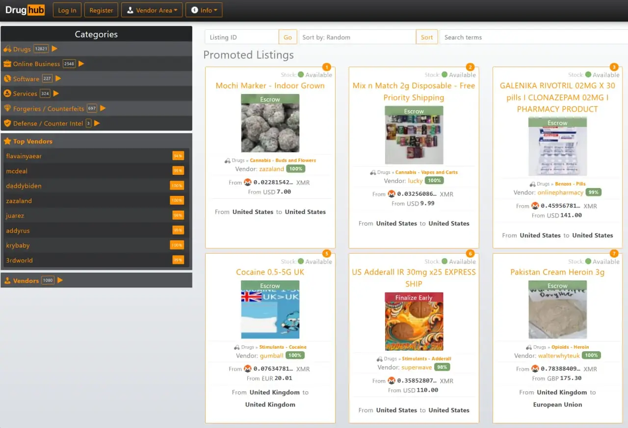 Full Drughub Market marketplace screenshot shown without cropping
