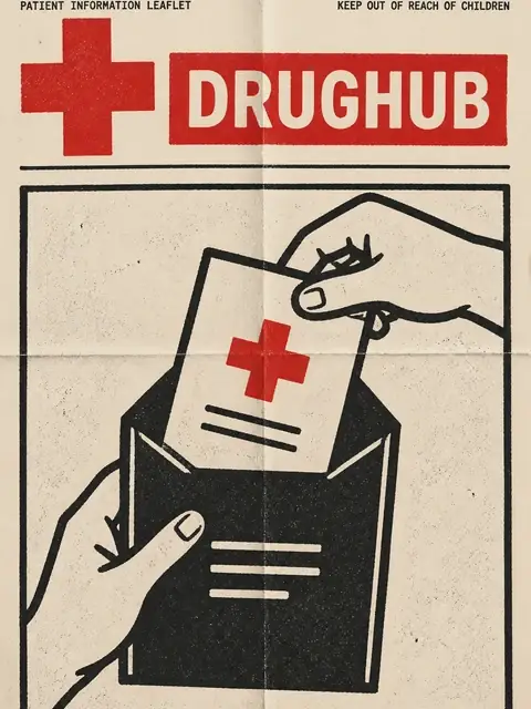 Drughub Market three-ink stamp plate on grainy press paper